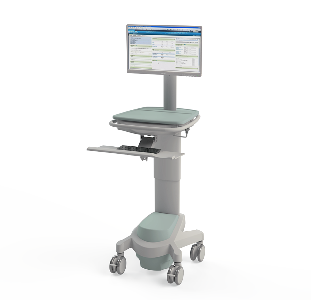 X500 ePMA Powered PC Cart shown with active screen and keyboard on a transparent background