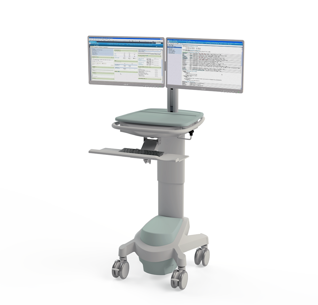 X500 ePMA Powered PC Cart shown with dual screens and keyboard powered on. Transparent background.
