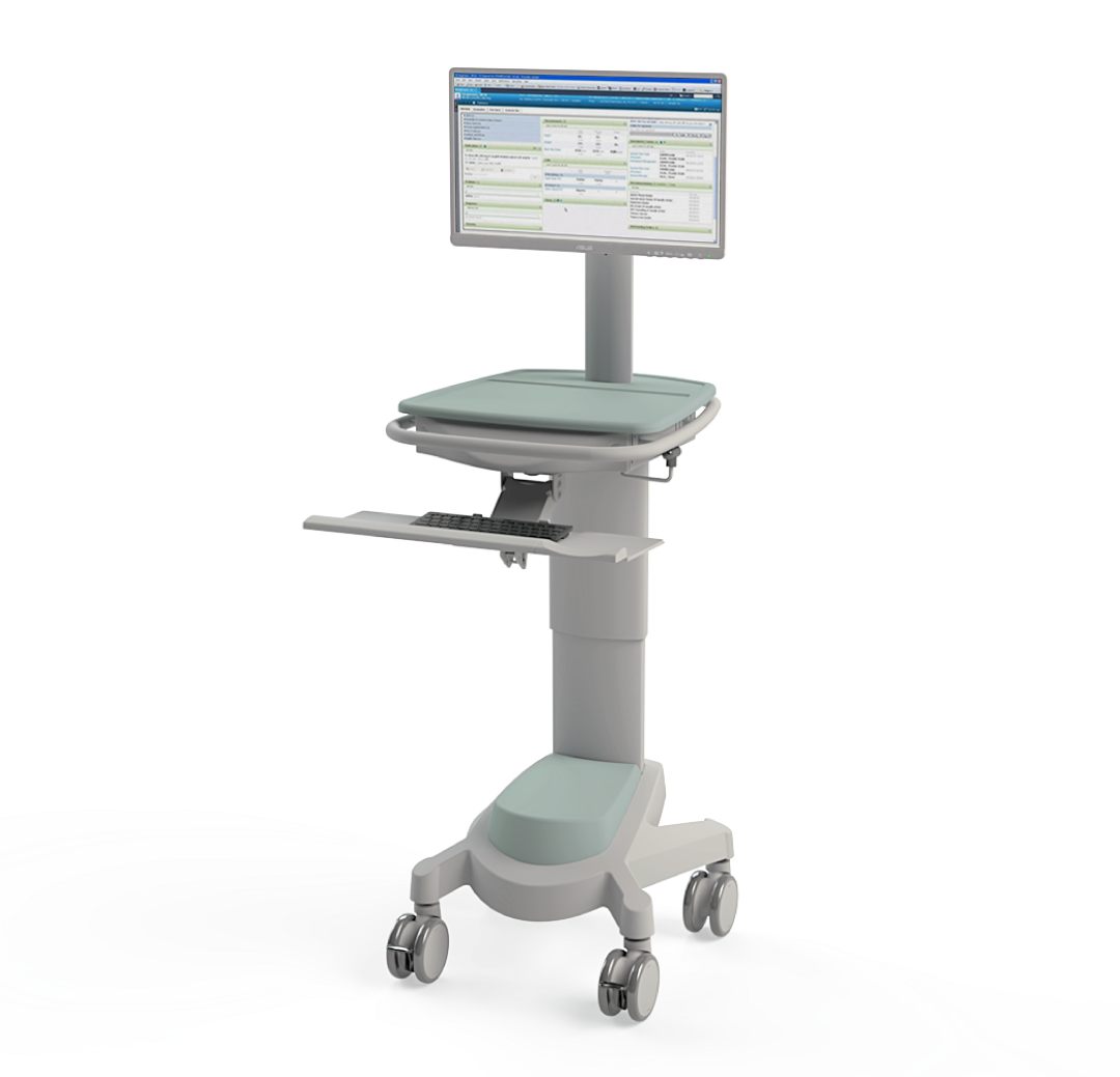 X500 ePMA Powered PC Cart shown with active screen and keyboard on a transparent background