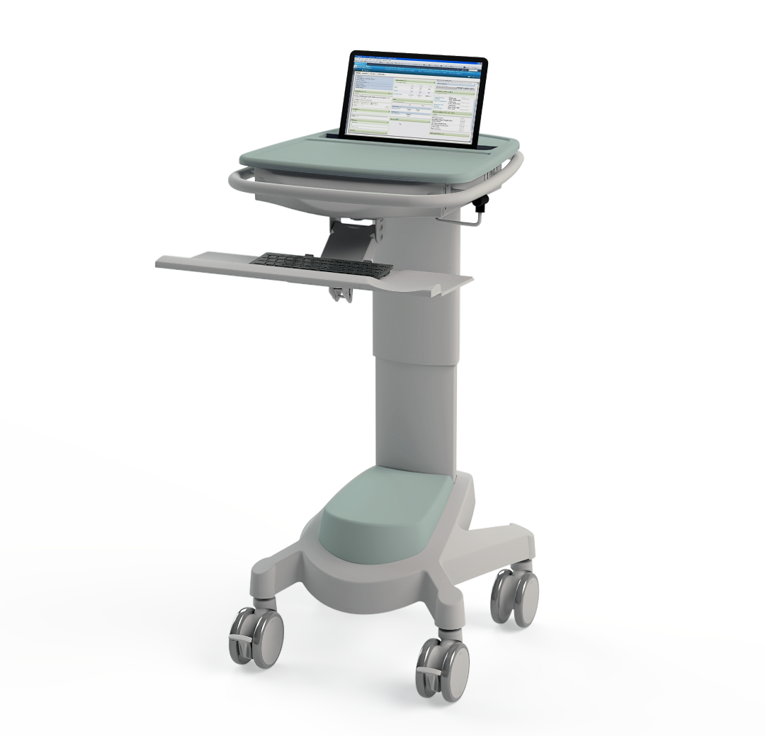 X500 ePMA Powered PC Cart shown with keyboard and tablet screen on a transparent background