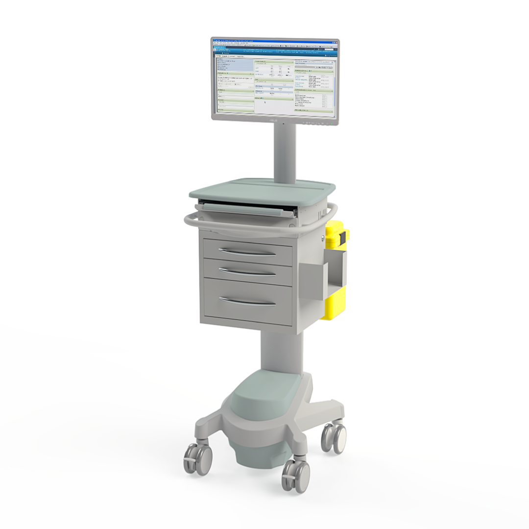 X500 ePMA Powered PC Cart shown with active screen and sharps bin addon. Transparent background