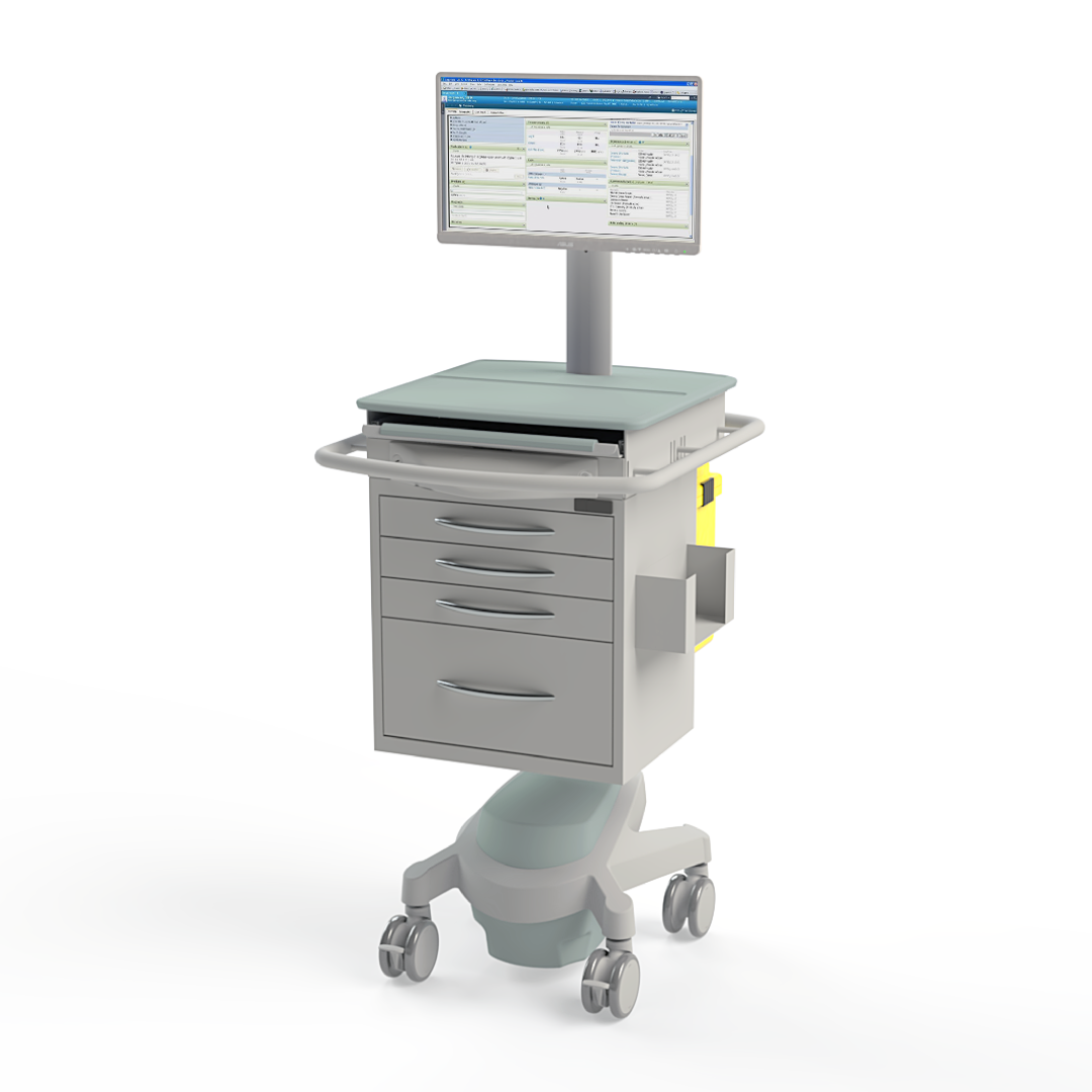 X500 ePMA Powered PC Cart shown with powered on screen on a transparent background