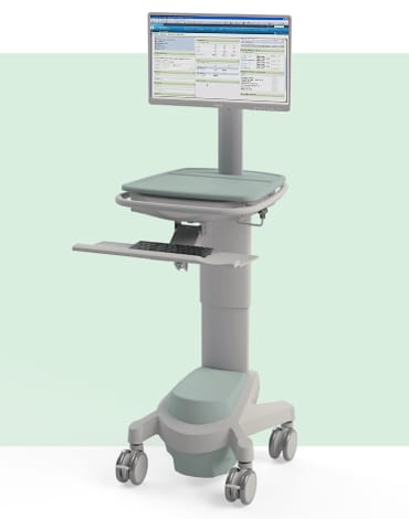 Exura X500 EPR Powered PC Cart with screen shown on a branded green background