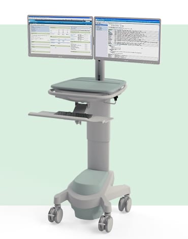 Exura X500 EPR Powered Twin-Screen PC Cart with dual screen setup shown on a green background