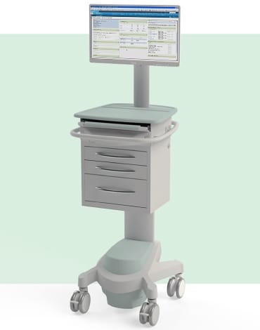 Exura X500 ePMA Powered PC Cart shown from the front on a green background