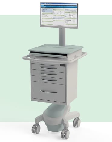 Exura X650 ePMA Powered PC Cart with screen shown on a branded green background