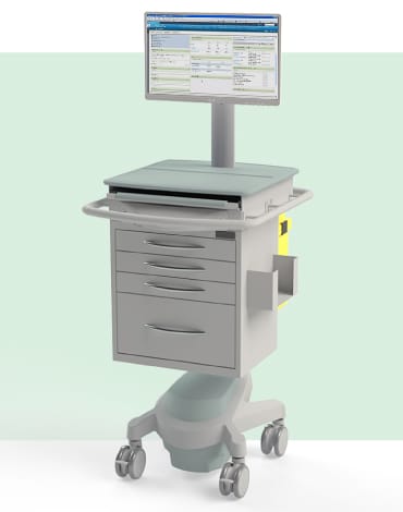 Exura X650 Phlebotomy Powered PC Cart with screen shown on a branded green background