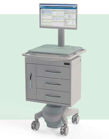Exura X650PLUS ePMA Powered PC Cart with screen shown on a branded green background